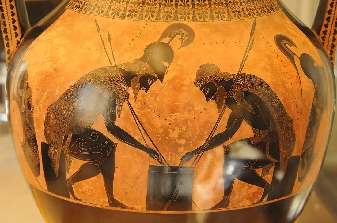 Czarnofigurowa amfora Eksekiasa: Achilles i Ajaks grający w kości
